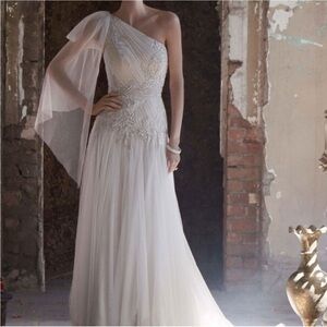 Galina Signature Beaded Tulle One Shoulder Off White Wedding Dress Sz 12 EUC